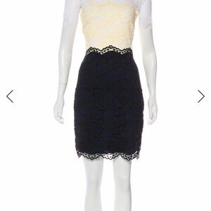 Sandro Two-Tone Lace Midi Dress in Yellow and Navy